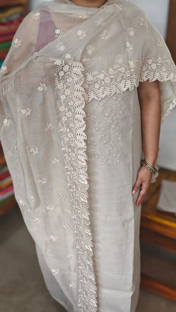 Ivory Beige Linen Suit with Bead Work - FM19