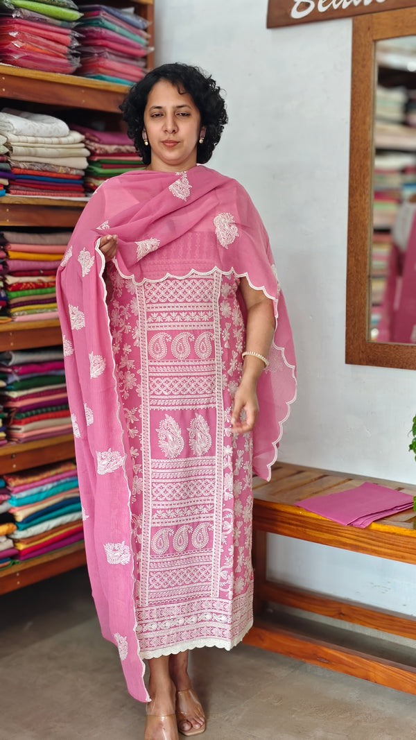 Wild Rose Pink Embroidered Crepe Georgette Suit - 327G