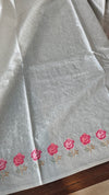 Powder Blue Tussar Silk Saree with Cross Stitch Embroidery - 23001