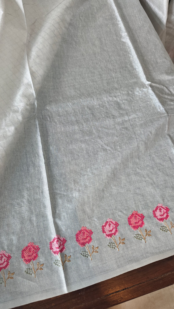 Powder Blue Tussar Silk Saree with Cross Stitch Embroidery - 23001