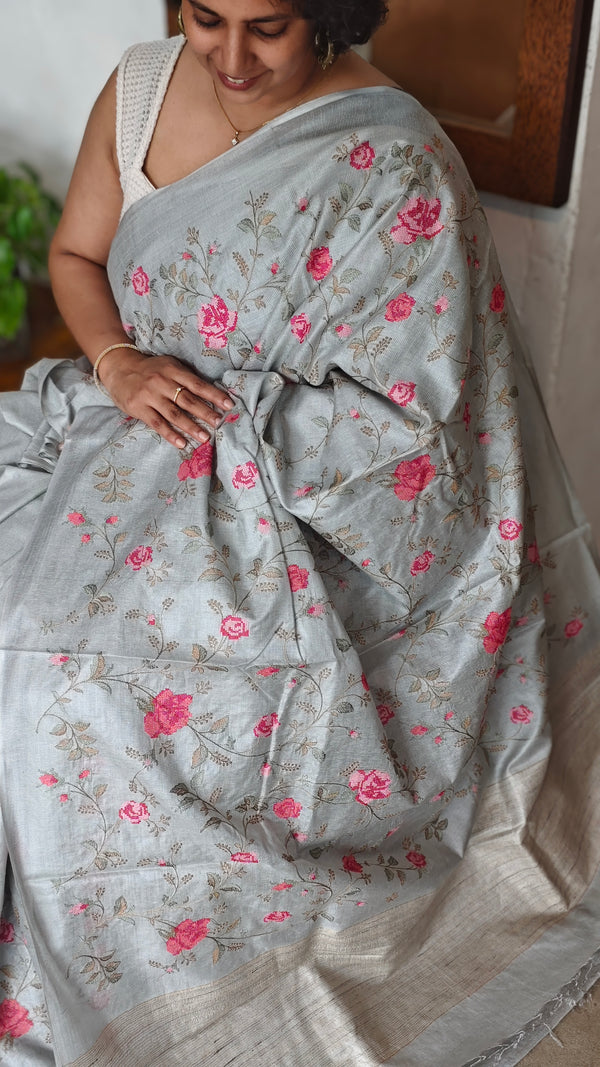 Powder Blue Tussar Silk Saree with Cross Stitch Embroidery - 23001