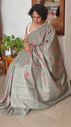 Teal Green Tussar Silk Saree with Cross Stitch Embroidery - 23001