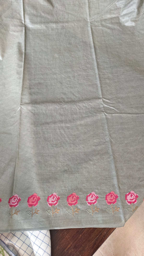 Teal Green Tussar Silk Saree with Cross Stitch Embroidery - 23001