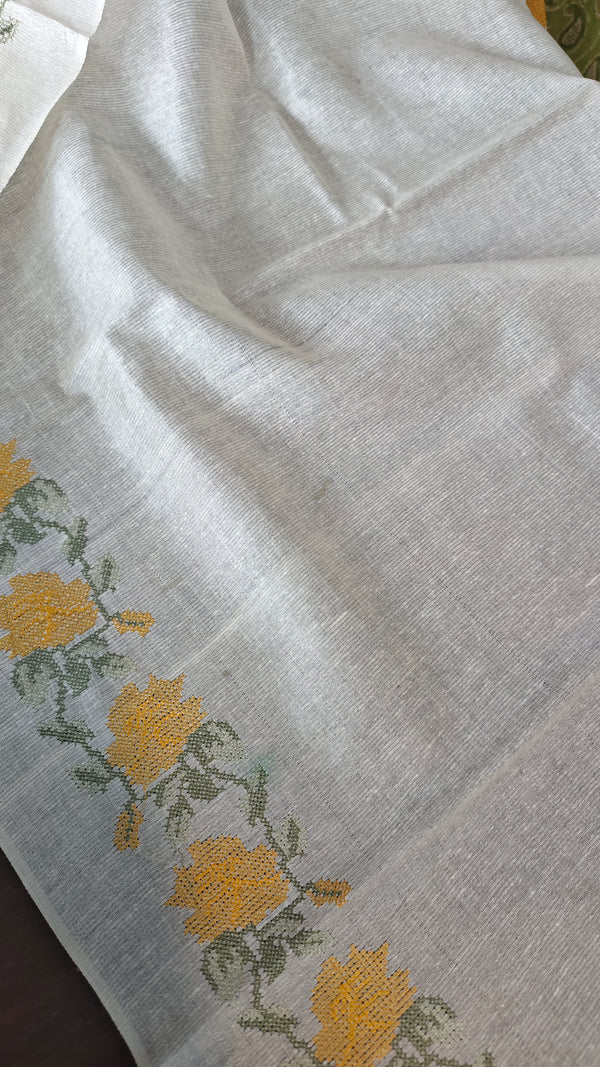 Off White and Mustard Tussar Silk Saree with Cross Stitch Embroidery - 23001