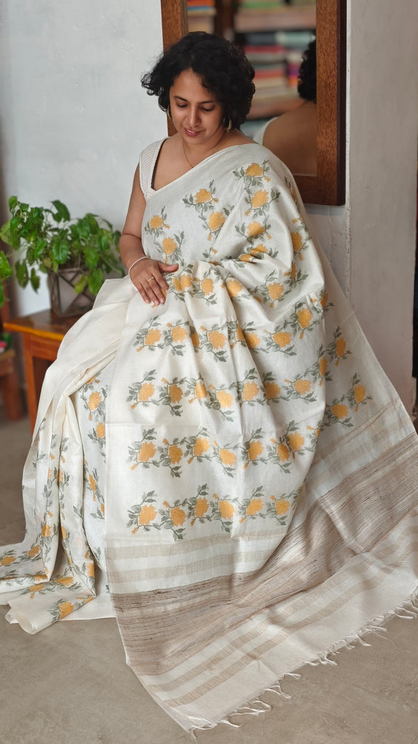 Off White and Mustard Tussar Silk Saree with Cross Stitch Embroidery - 23001