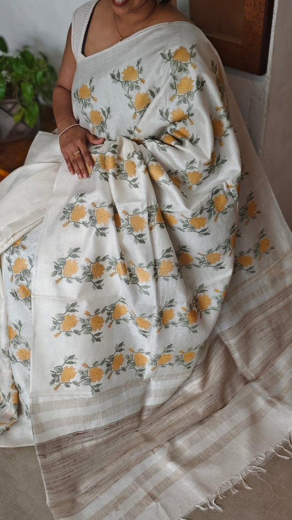 Off White and Mustard Tussar Silk Saree with Cross Stitch Embroidery - 23001