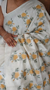 Off White and Mustard Tussar Silk Saree with Cross Stitch Embroidery - 23001