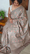 Taupe Tussar Silk Saree with Cross Stitch Embroidery - 23001