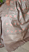 Taupe Tussar Silk Saree with Cross Stitch Embroidery - 23001