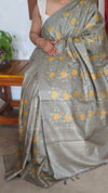 Sage Green Tussar Silk Saree with Cross Stitch Embroidery - 23001