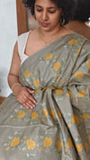 Sage Green Tussar Silk Saree with Cross Stitch Embroidery - 23001
