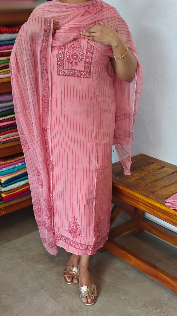 Pink Block Printed Muslin Suit - D4891