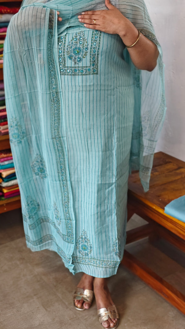 Aqua Blue Block Printed Muslin Suit - D4891