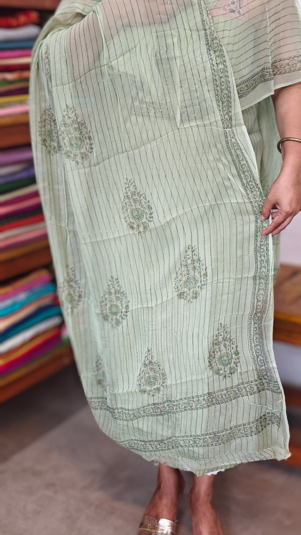 Moss Green Block Printed Muslin Suit - D4891