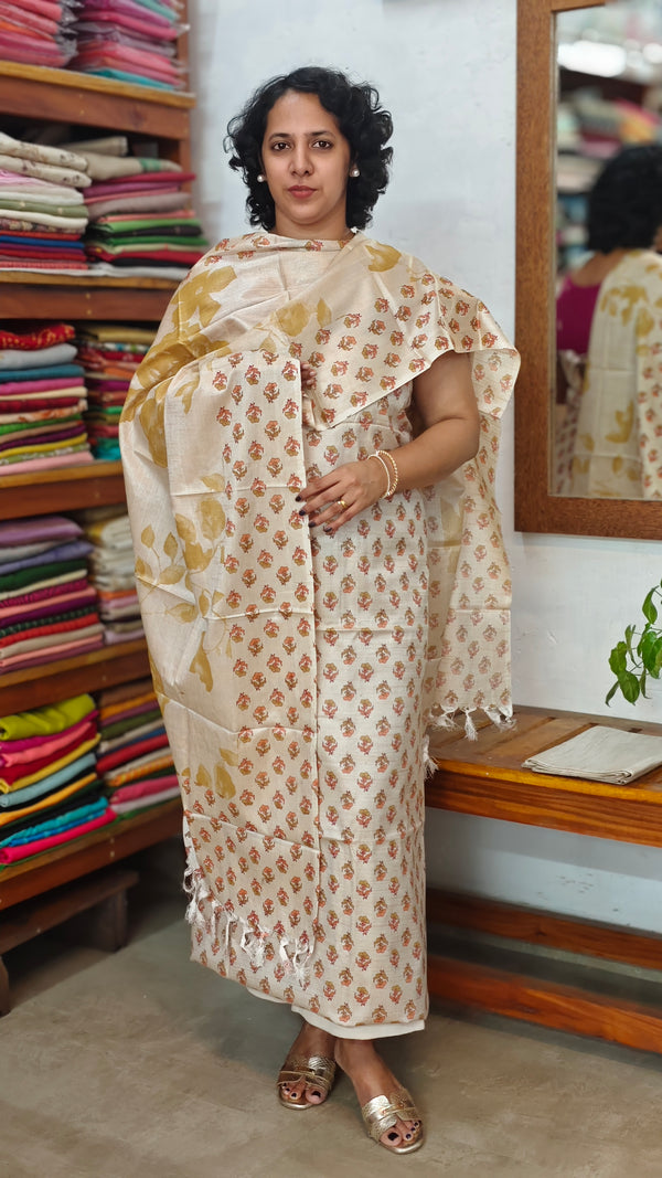 Semi Silk Suit - Beige and Mustard - A - ETV9