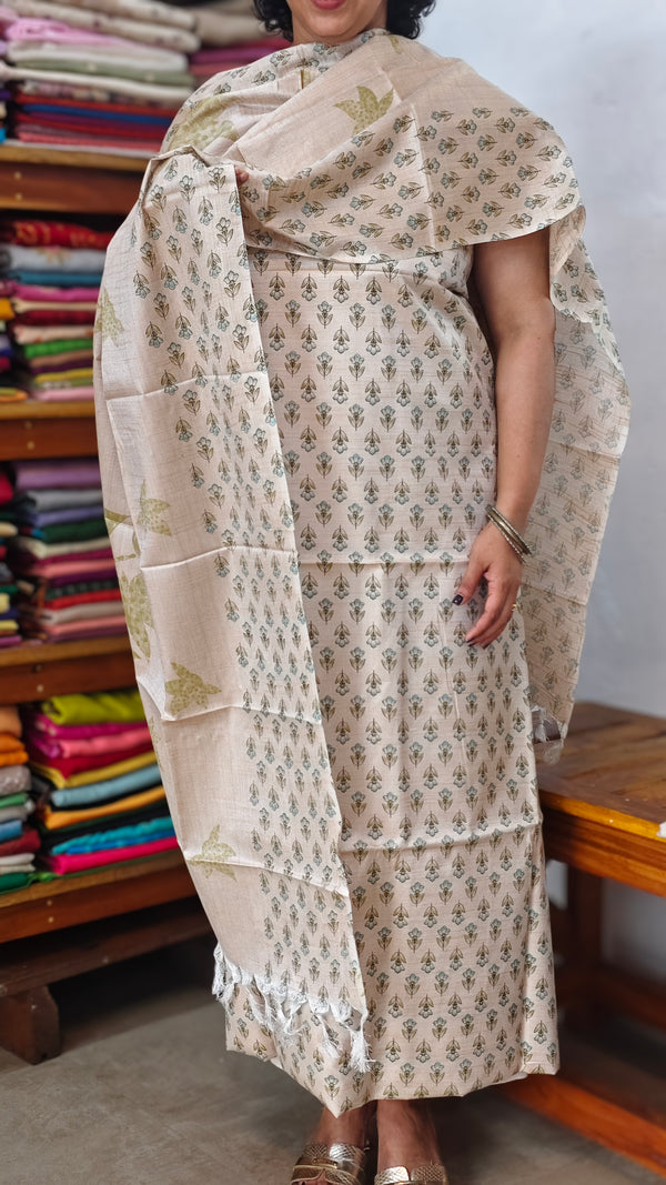 Semi Silk Suit - Beige and Green - E - ETV9