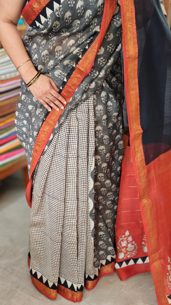 Grey and Black Block Printed Maheshwari Silk Saree - BHC91