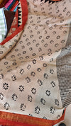 Grey and Black Block Printed Maheshwari Silk Saree - BHC91