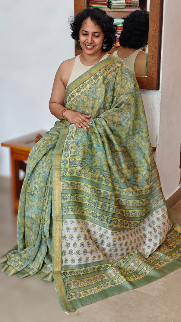 Green and Mustard Maheshwari Silk Saree - BHC91