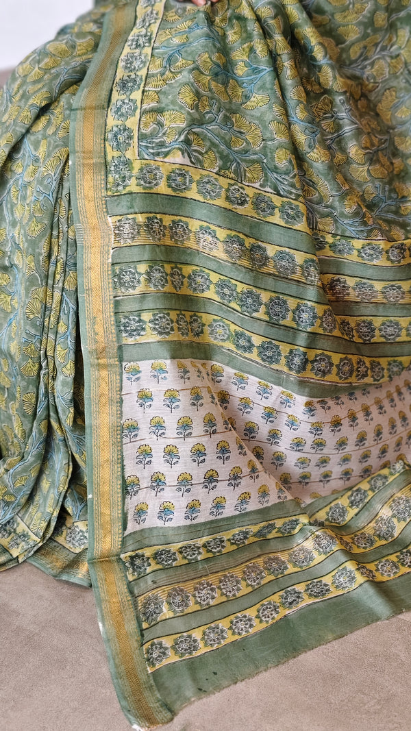 Green and Mustard Maheshwari Silk Saree - BHC91