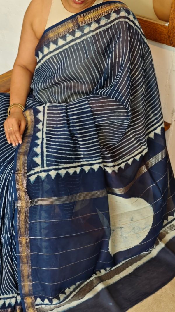 Indigo Maheshwari Silk Saree - BHC91