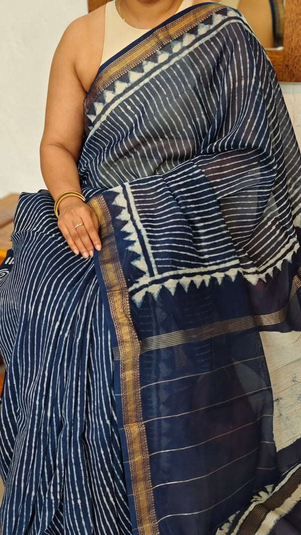 Indigo Maheshwari Silk Saree - BHC91