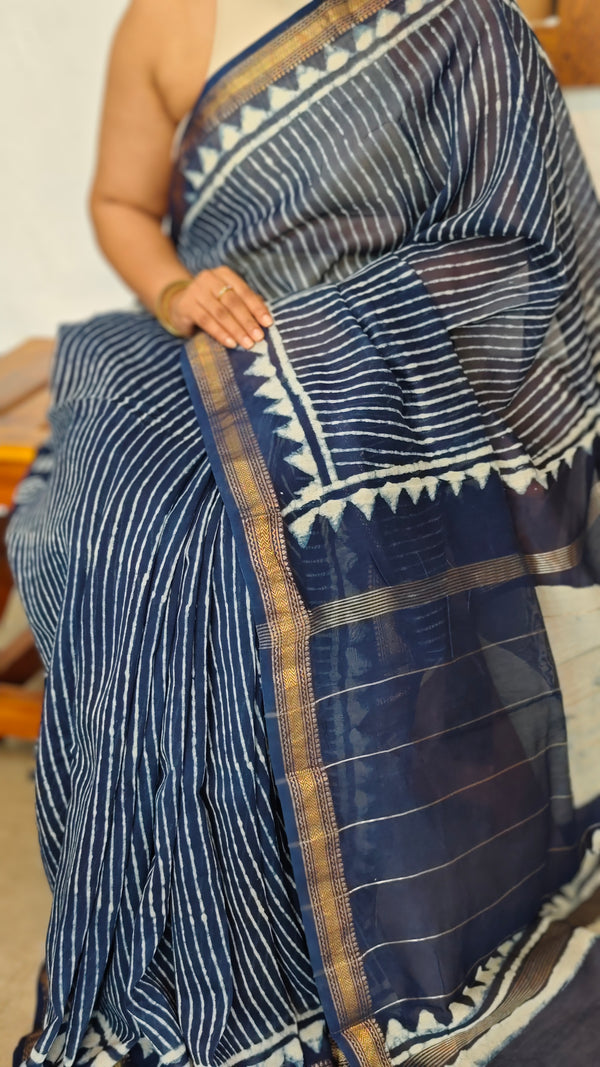 Indigo Maheshwari Silk Saree - BHC91