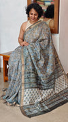 Grey and Blue Maheshwari Silk Saree - BHC91