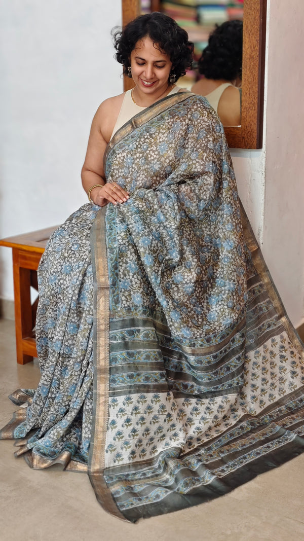 Grey and Blue Maheshwari Silk Saree - BHC91