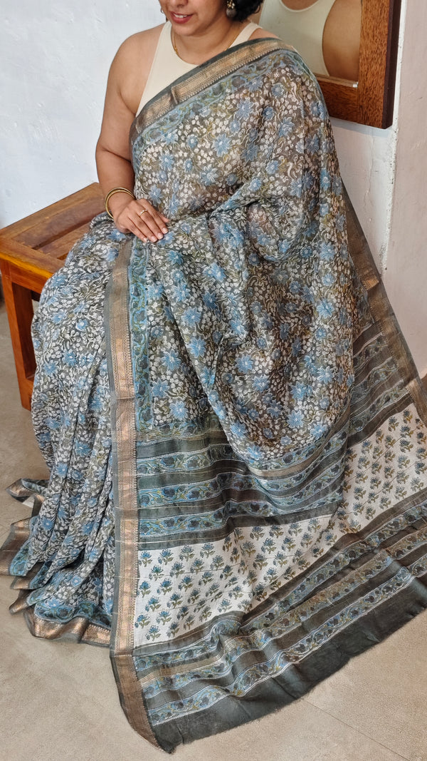 Grey and Blue Maheshwari Silk Saree - BHC91