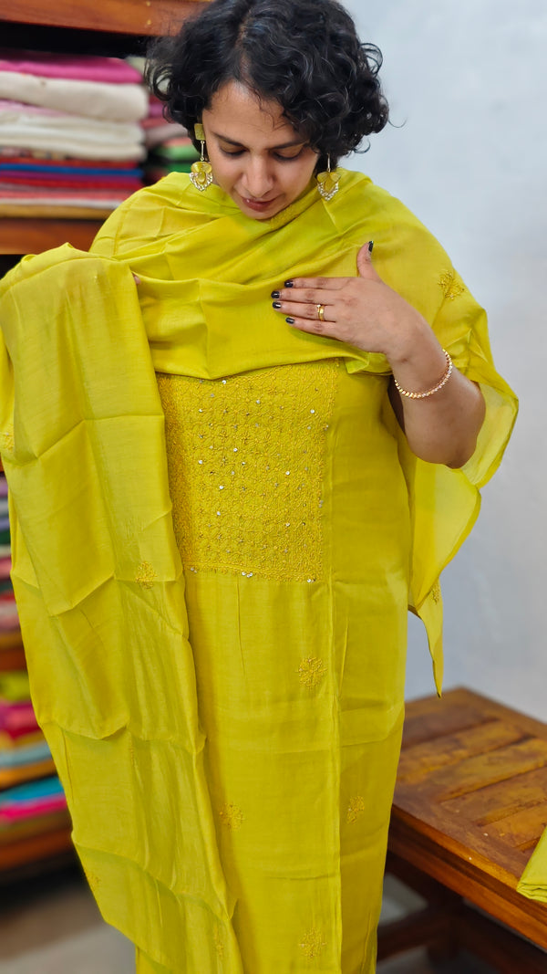 Lemon Yellow Muslin Chikankari Suit - SML9