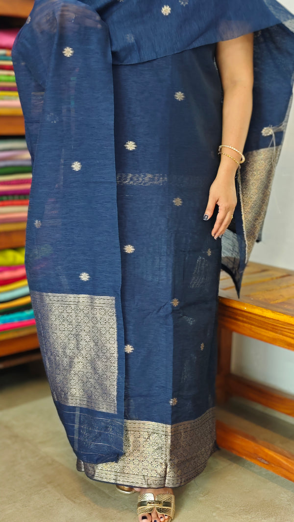 Navy Blue Semi Raw Silk Banarasi Suit - 67A1 - A