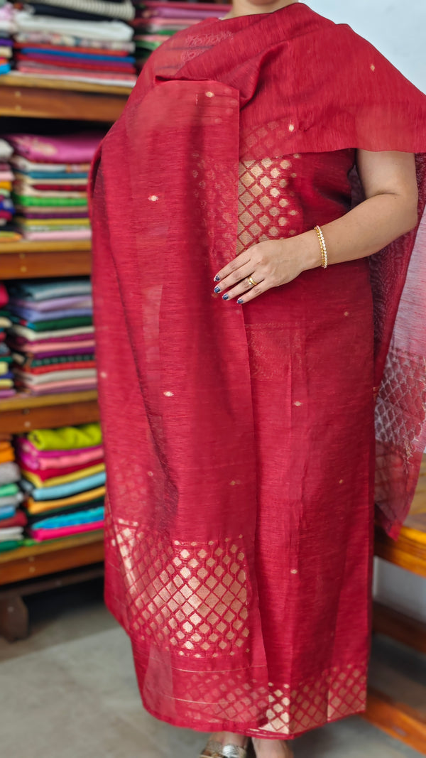 Chilli Red Semi Raw Silk Banarasi Suit - 67A1 - B
