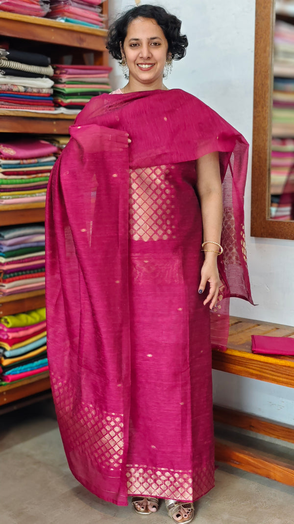 Magenta Semi Raw Silk Banarasi Suit - 67A1 - B