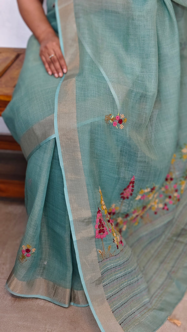 Sea Green Tissue Linen Hand Embroidered Saree - JL396