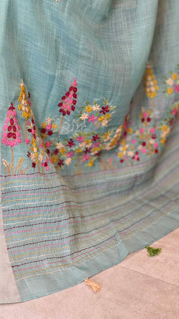 Sea Green Tissue Linen Hand Embroidered Saree - JL396