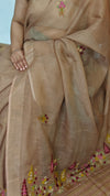 Tan Brown Hand Embroidered Tissue Linen Saree - JL396