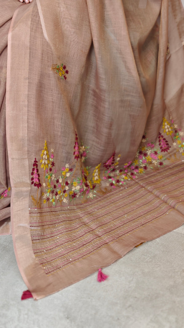 Tan Brown Hand Embroidered Tissue Linen Saree - JL396