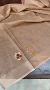 Tan Brown Hand Embroidered Tissue Linen Saree - JL396