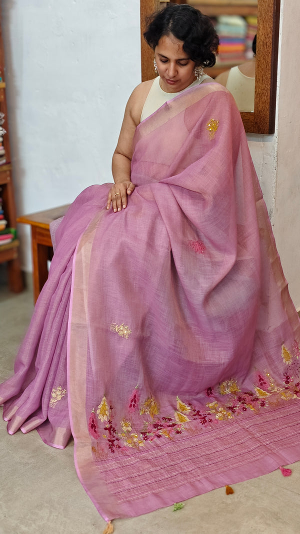 Lavender Tissue Linen Hand Embroidered Saree - JL396