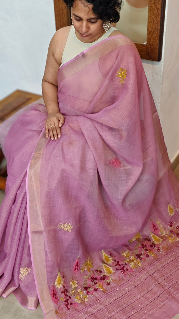Lavender Tissue Linen Hand Embroidered Saree - JL396
