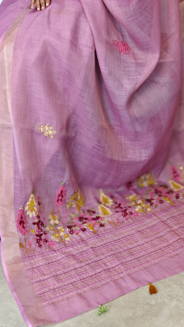 Lavender Tissue Linen Hand Embroidered Saree - JL396