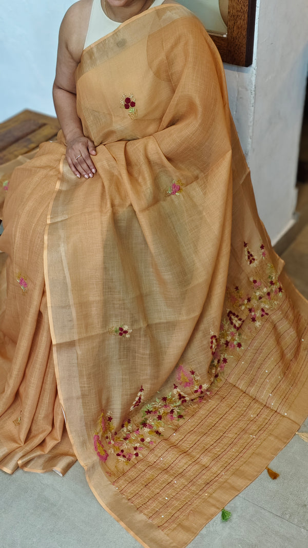 Mustard Tissue Linen Hand Embroidered Saree - JL396