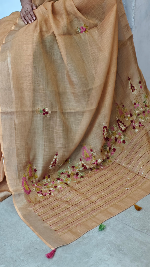 Mustard Tissue Linen Hand Embroidered Saree - JL396
