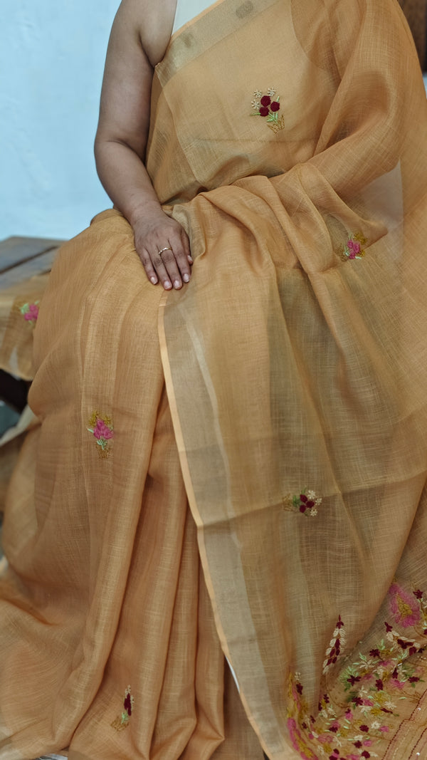 Mustard Tissue Linen Hand Embroidered Saree - JL396