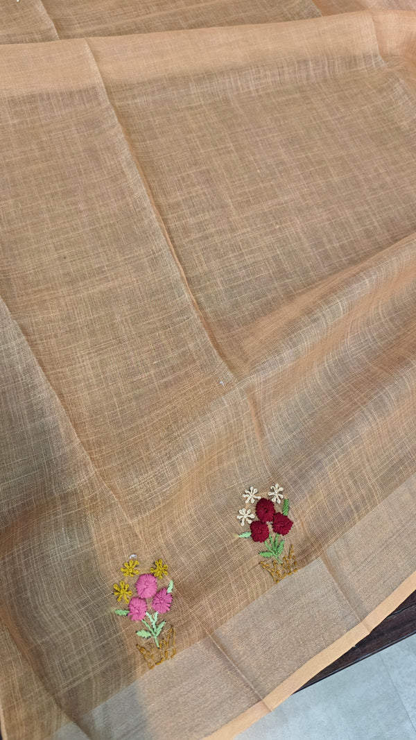 Mustard Tissue Linen Hand Embroidered Saree - JL396