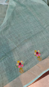 Sea Green Tissue Linen Hand Embroidered Saree - JL396