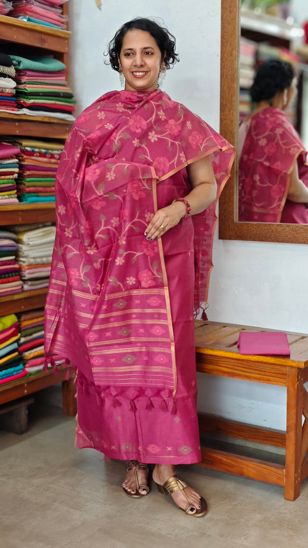 Dark Pink Linen Chanderi Jamdani Suit - DL73