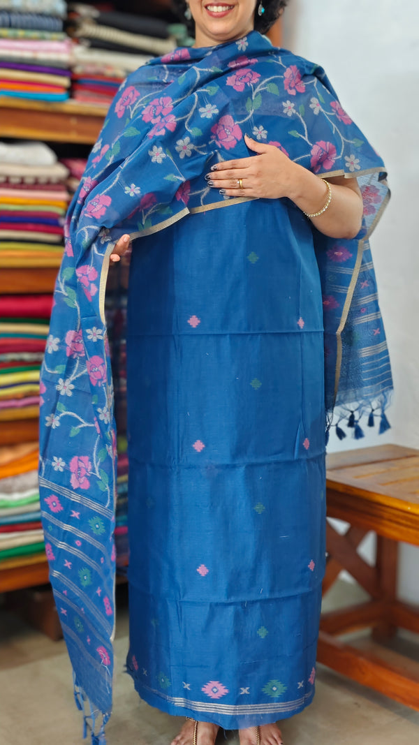 Classic Blue Linen Chanderi Jamdani Suit - DL73
