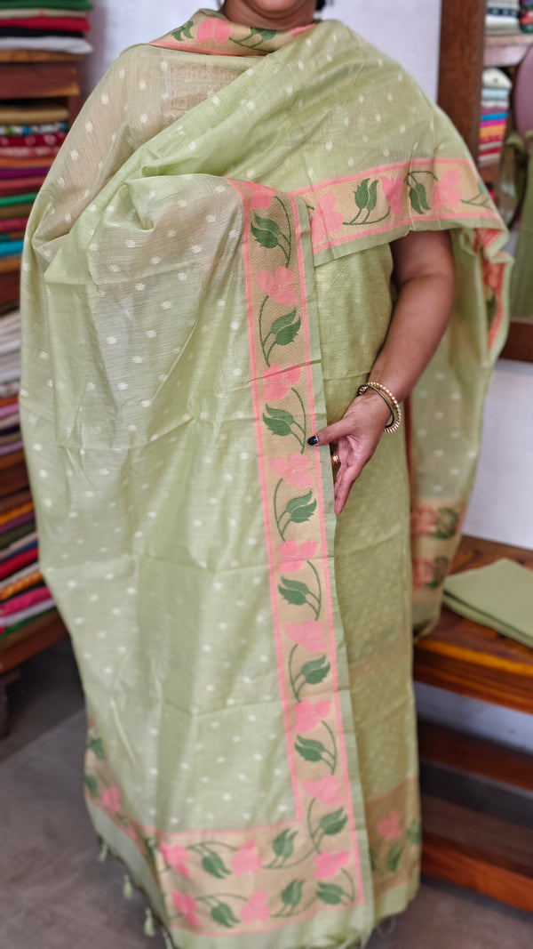 Lime Green Linen Chanderi Jamdani Suit - DL73